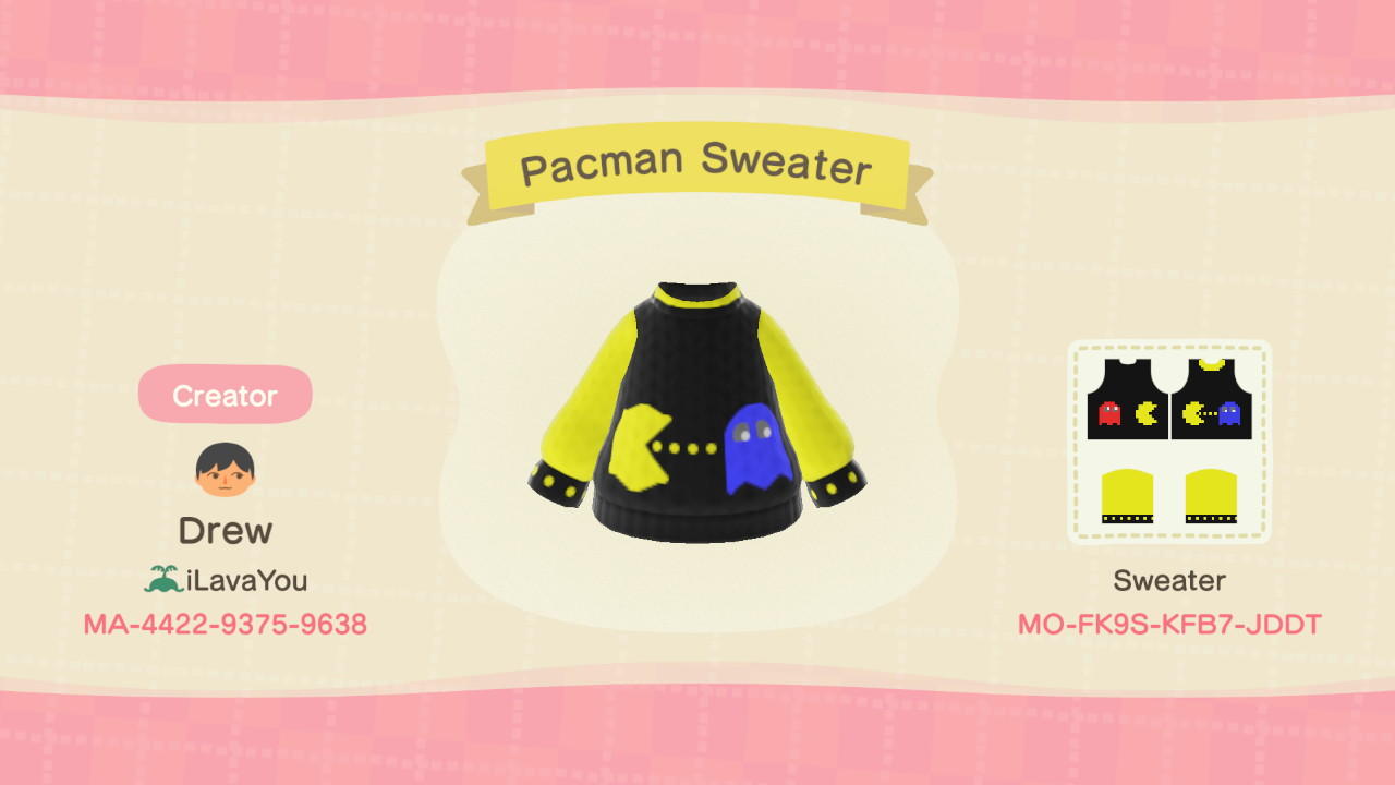 Animal Crossing Design Code: MO-FK9S-KFB7-JDDT Pacman Sweater