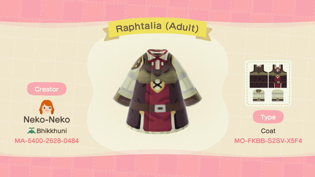 Animal Crossing Design Code: MO-FKBB-S2SV-X5F4 Raphtalia (Adult)