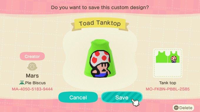 Animal Crossing Design Code: MO-FKBN-PBBL-2S85 Super Mario - Toad