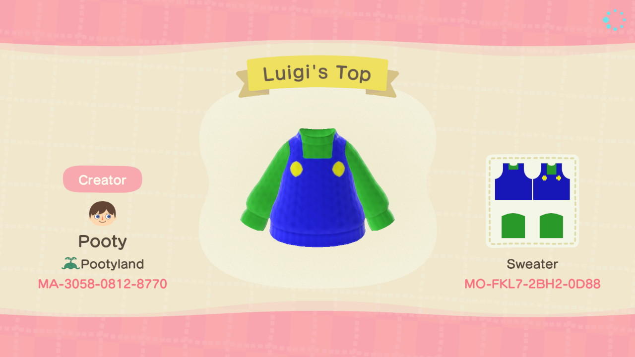 Animal Crossing Design Code: MO-FKL7-2BH2-0D88 Luigi&#39;s Top