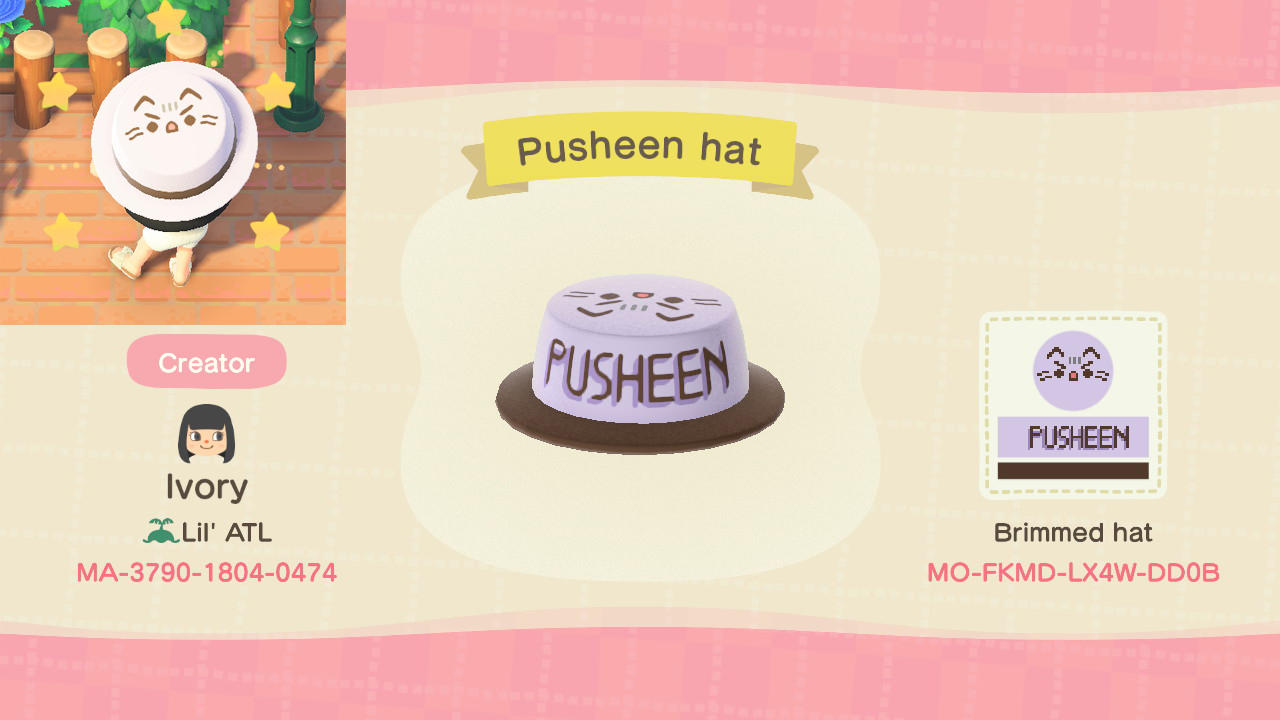 Animal Crossing Design Code: MO-FKMD-LX4W-DD0B Pusheen Hat w/ Text
