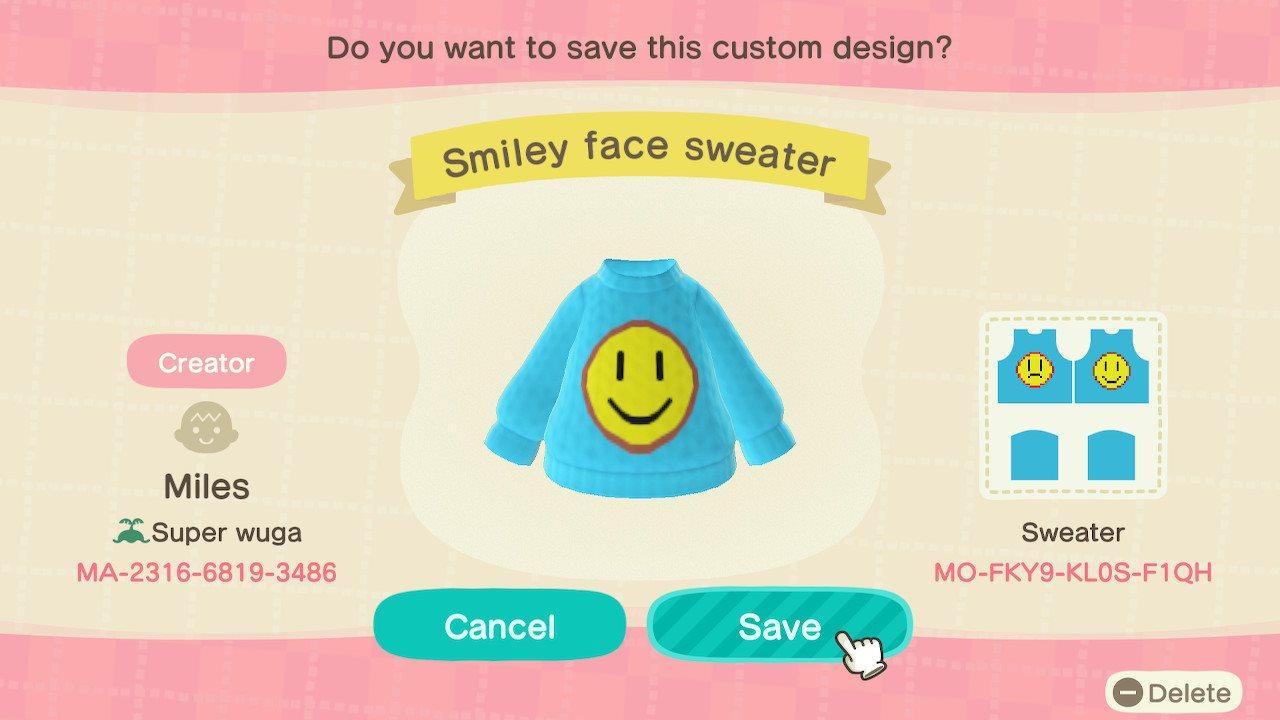 Animal Crossing Design Code: MO-FKY9-KL0S-F1QH Smiley Face Sweater