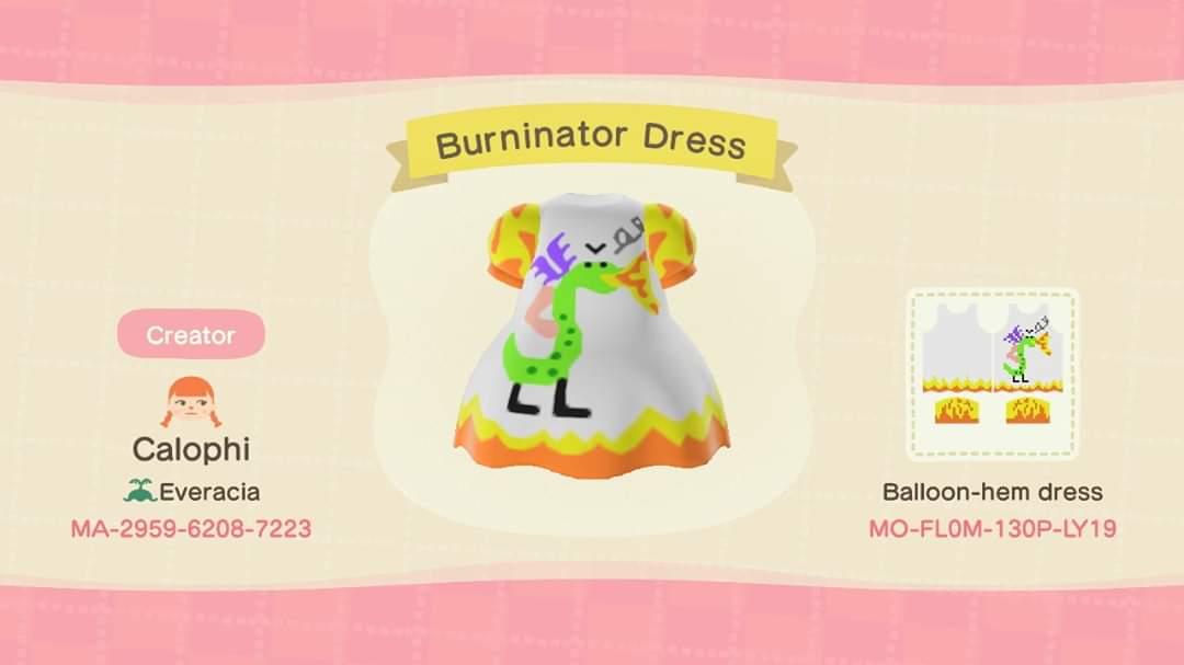 Animal Crossing Design Code: MO-FL0M-130P-LY19 Burninator Dress