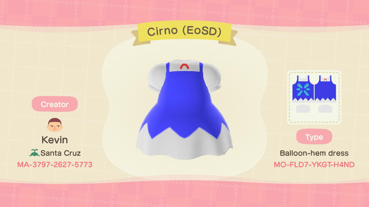 Animal Crossing Design Code: MO-FLD7-YKGT-H4ND Touhou Cirno (EoSD)