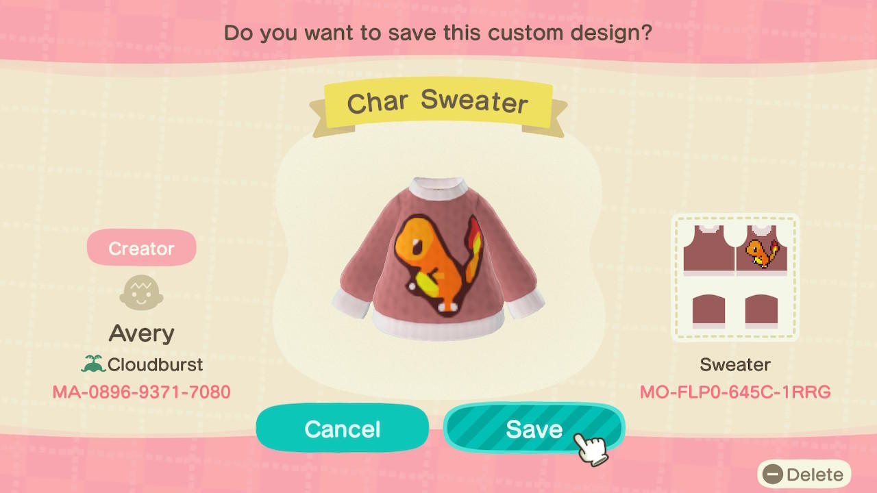 Animal Crossing Design Code: MO-FLP0-645C-1RRG Char Sweater