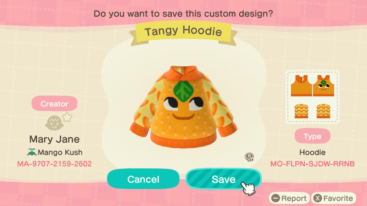 Animal Crossing Design Code: MO-FLPN-SJDW-RRNB Tangy Hoodie