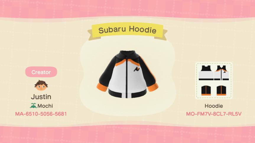 Animal Crossing Design Code: MO-FM7V-8CL7-RL5V Subaru Hoodie