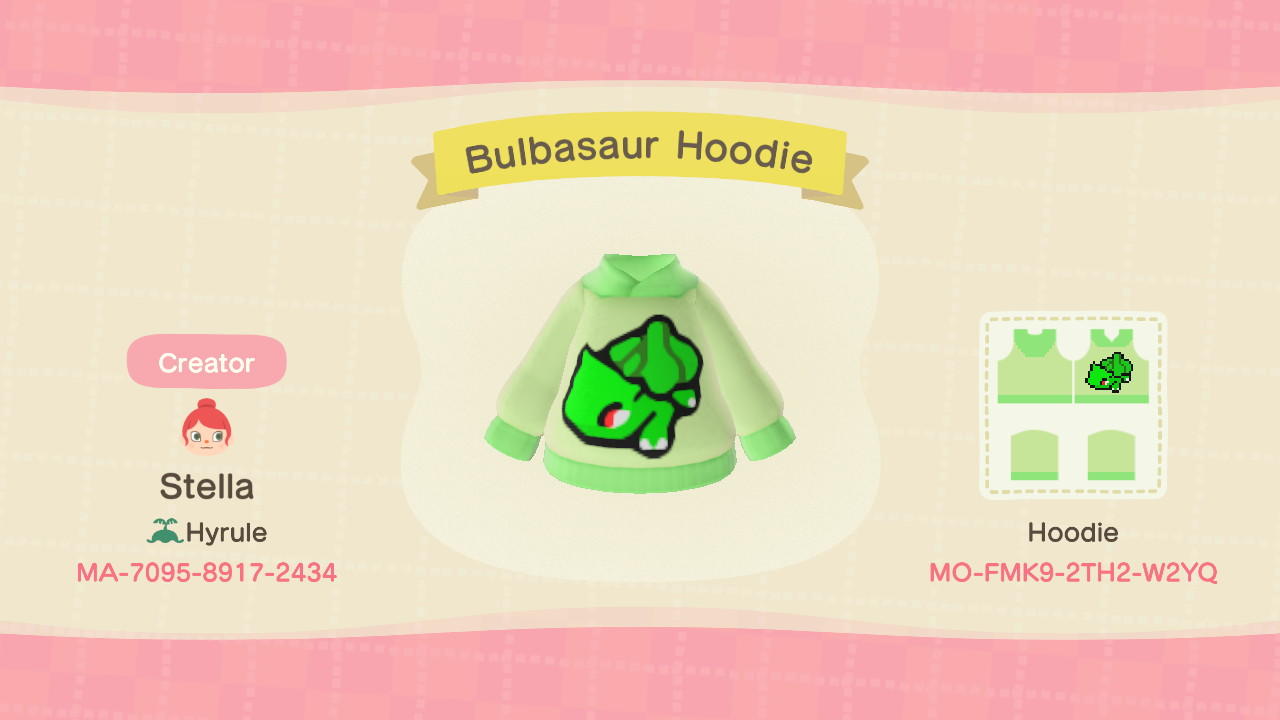 Animal Crossing Design Code: MO-FMK9-2TH2-W2YQ Bulbasaur Hoodie