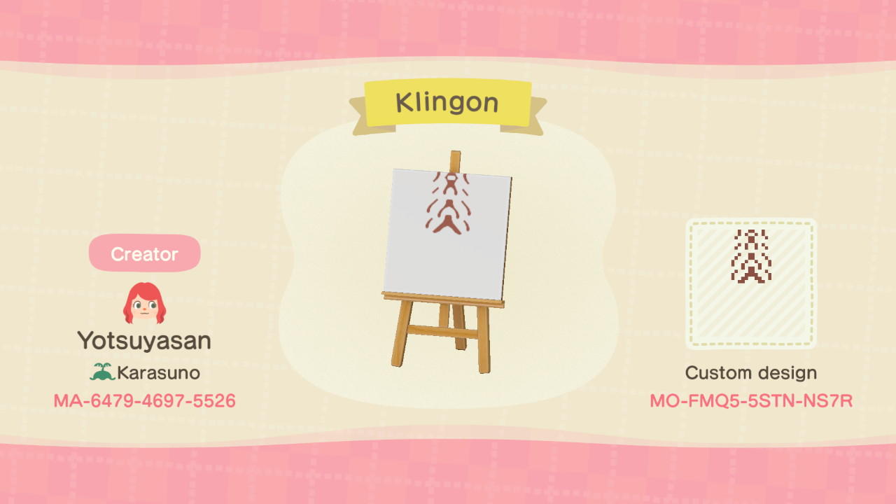 Animal Crossing Design Code: MO-FMQ5-5STN-NS7R Klingon