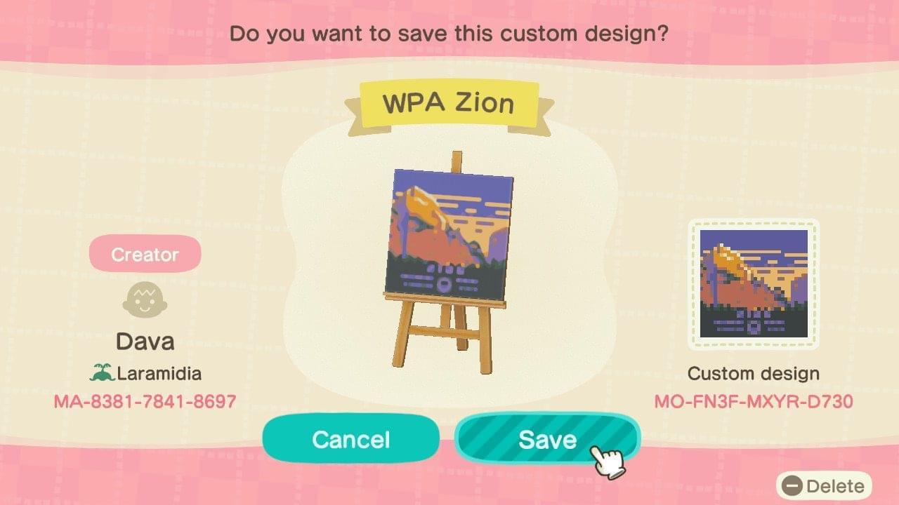 Animal Crossing Design Code: MO-FN3F-MXYR-D730 WPA Zion Ntl Park