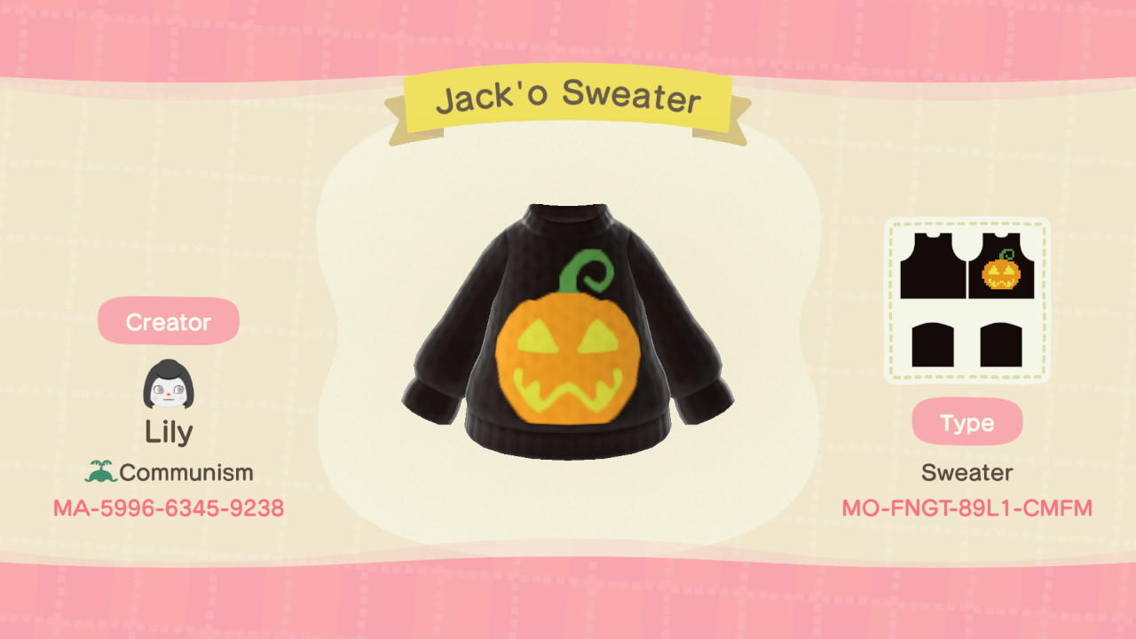 Animal Crossing Design Code: MO-FNGT-89L1-CMFM Jack'O Sweater