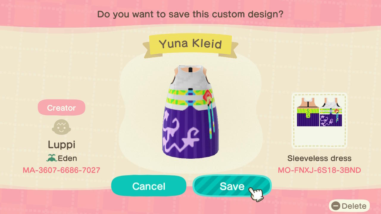 Animal Crossing Design Code: MO-FNXJ-6S18-3BND Yuna Dress