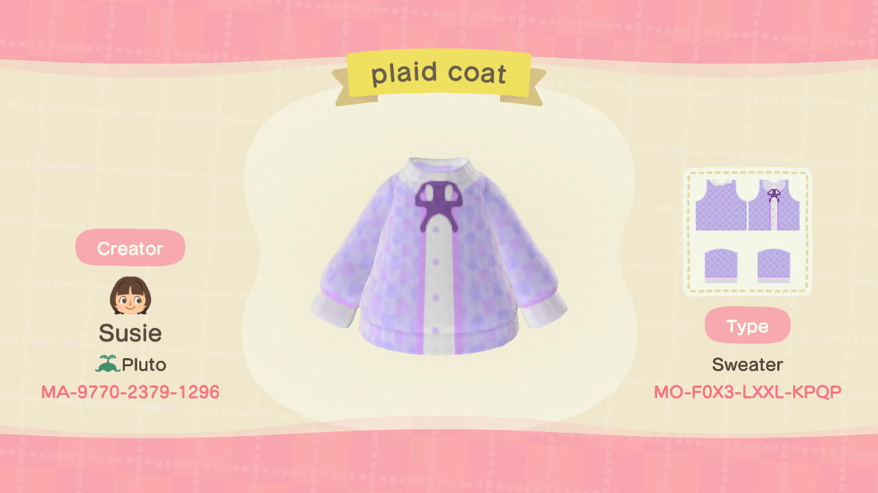 Animal Crossing Design Code: MO-FOX3-LXXL-KPQP plaid coat