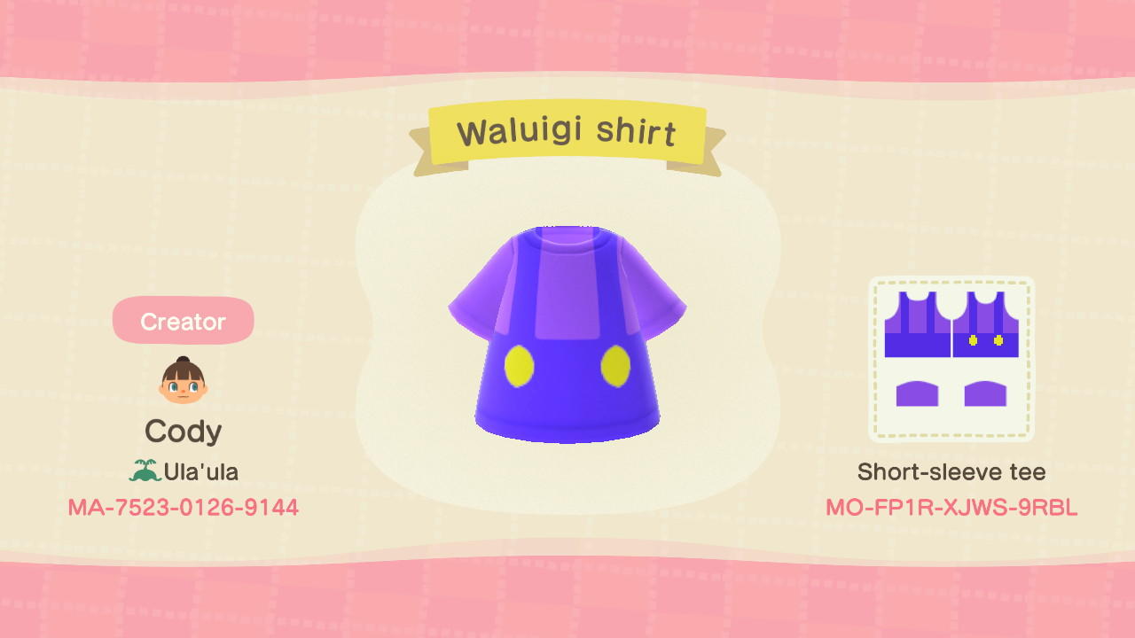 Animal Crossing Design Code: MO-FP1R-XJWS-9RBL Waluigi shirt
