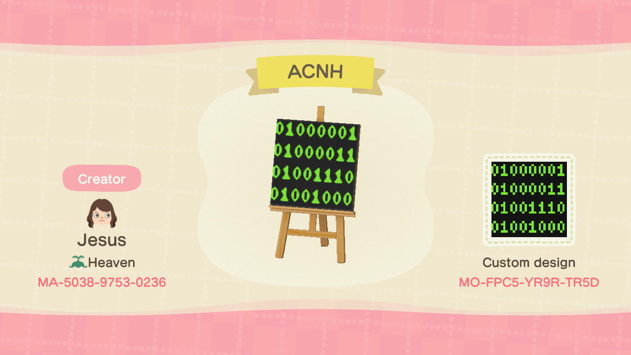 Animal Crossing Design Code: MO-FPC5-YR9R-TR5D ACNH Binary Pattern