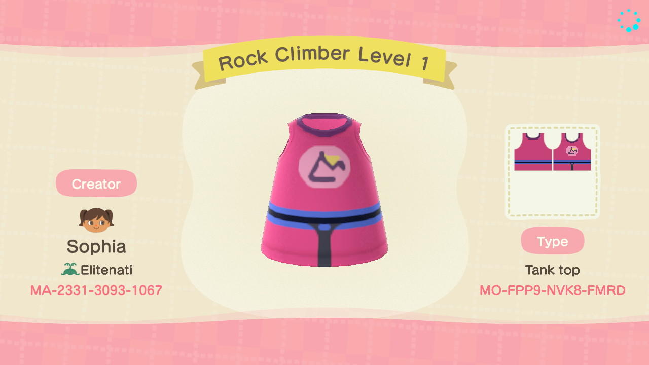 Animal Crossing Design Code: MO-FPP9-NVK8-FMRD Rock Climber Level 1