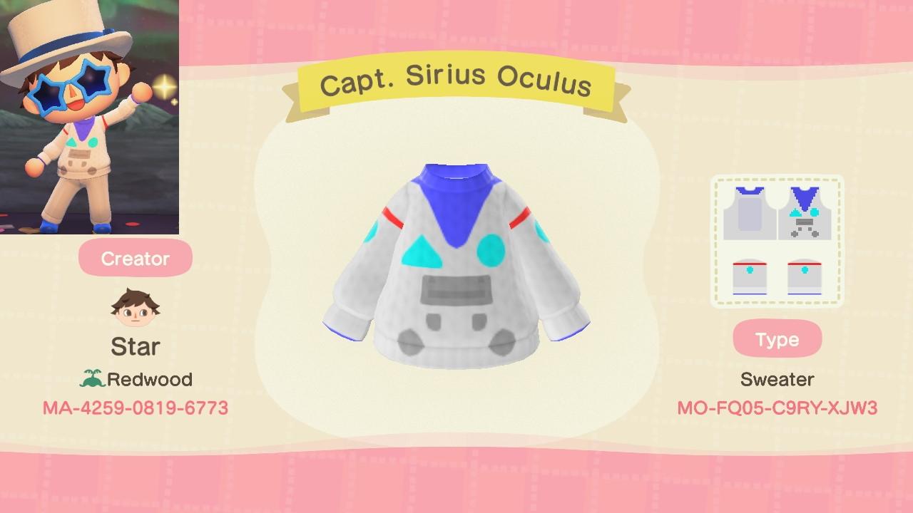 Animal Crossing Design Code: MO-FQ05-C9RY-XJW3 Capt. Sirius Oculus