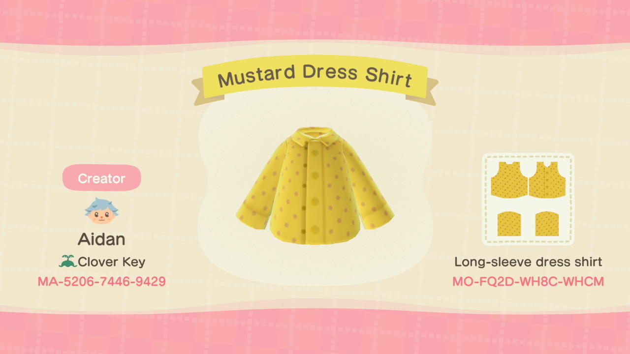 Animal Crossing Design Code: MO-FQ2D-WH8C-WHCM Mustard Dress Shirt