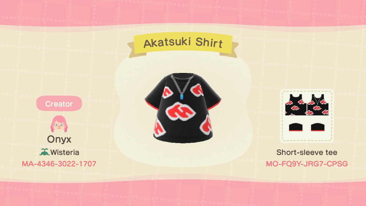 Animal Crossing Design Code: MO-FQ9Y-JRG7-CPSG Akatsuki Shirt