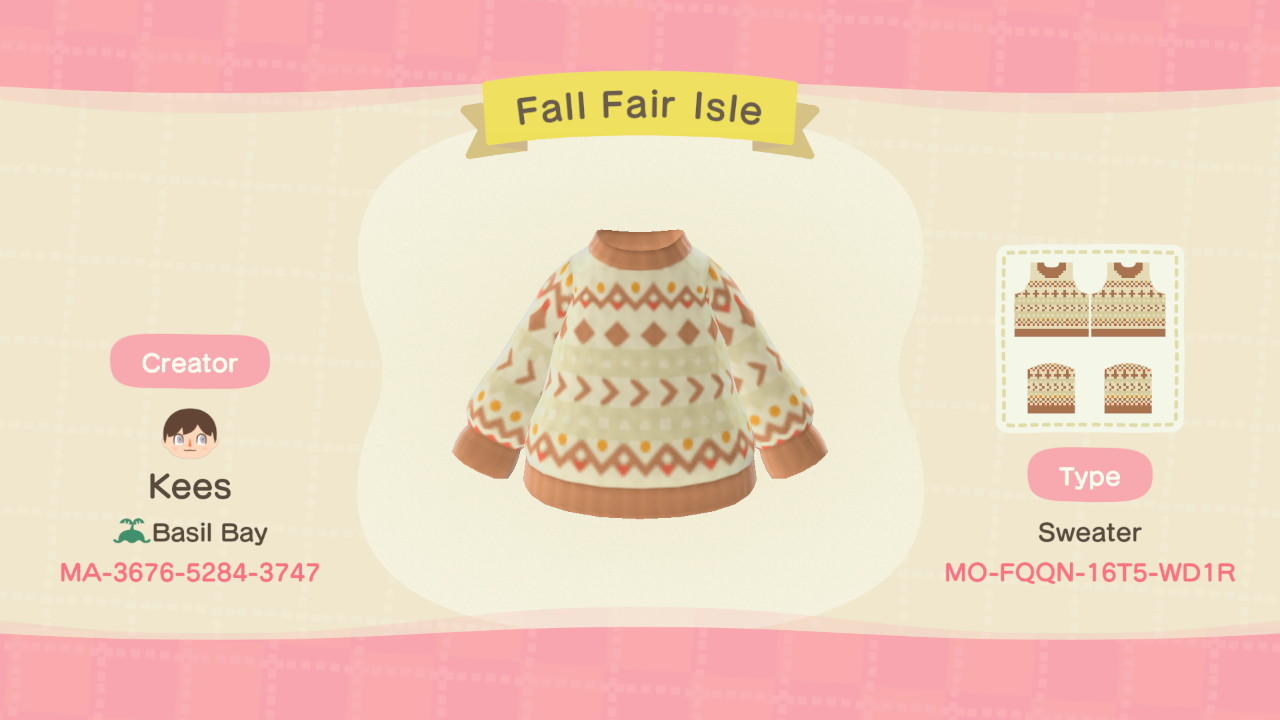 Animal Crossing Design Code: MO-FQQN-16T5-WD1R Fall Fair Isle