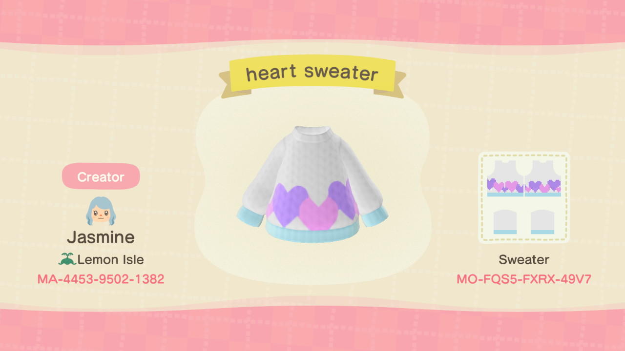 Animal Crossing Design Code: MO-FQS5-FXRX-49V7 heart sweater