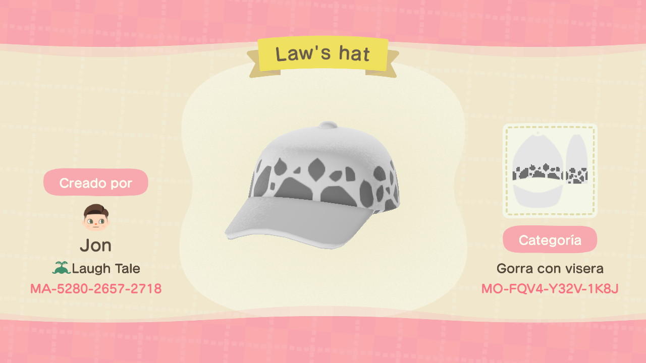 Animal Crossing Design Code: MO-FQV4-Y32V-1K8J Law's hat
