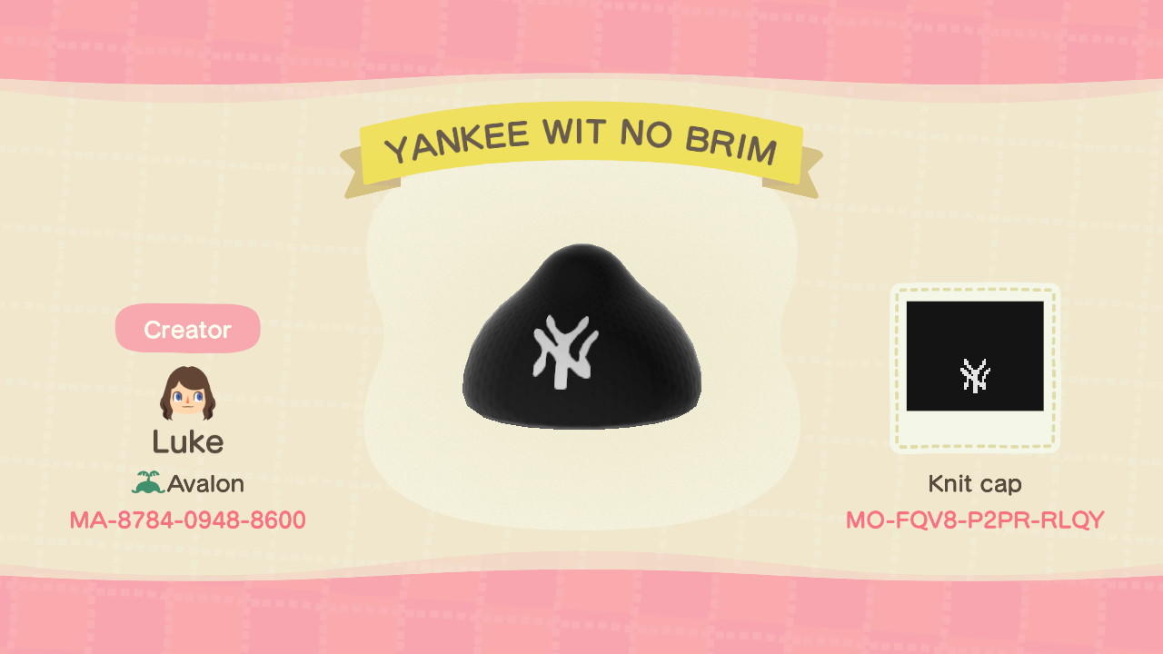 Animal Crossing Design Code: MO-FQV8-P2PR-RLQY YANKEE WIT NO BRIM
