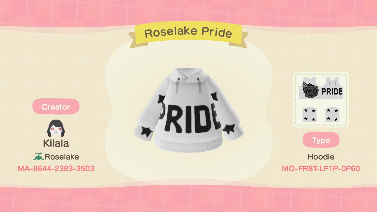 Animal Crossing Design Code: MO-FR8T-LF1P-0P60 Roselake Pride