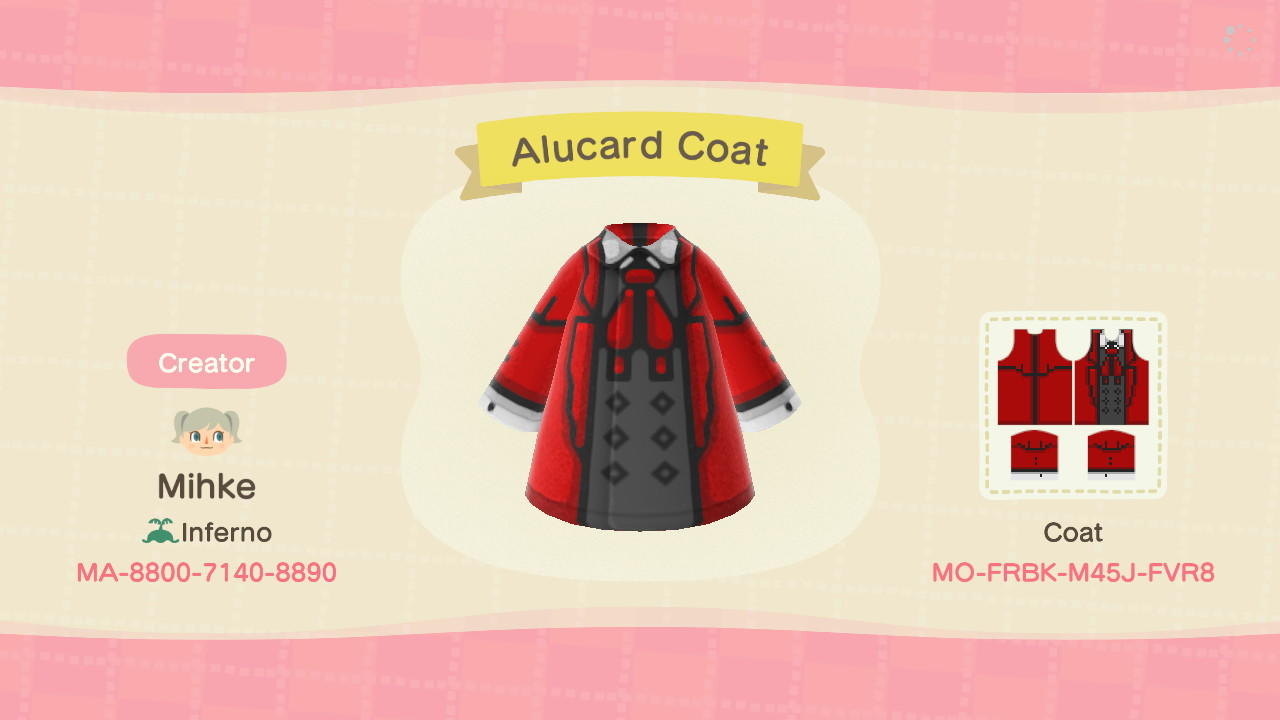 Animal Crossing Design Code: MO-FRBK-M45J-FVR8 Alucard Coat