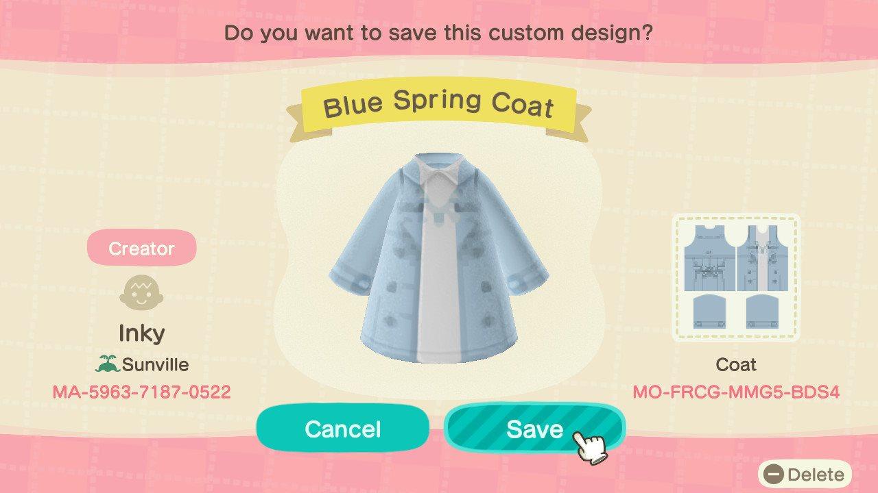 Animal Crossing Design Code: MO-FRCG-MMG5-BDS4 Blue Spring Coat