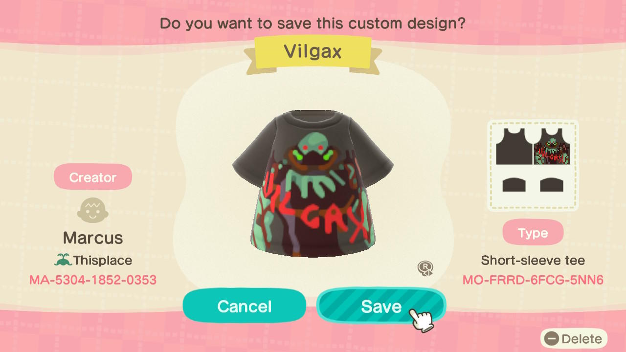 Animal Crossing Design Code: MO-FRRD-6FCG-5NN6 VILGAX (2005 Series)
