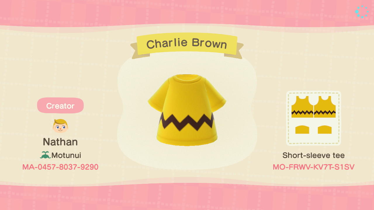 Animal Crossing Design Code: MO-FRWV-KV7T-S1SV Charlie Brown