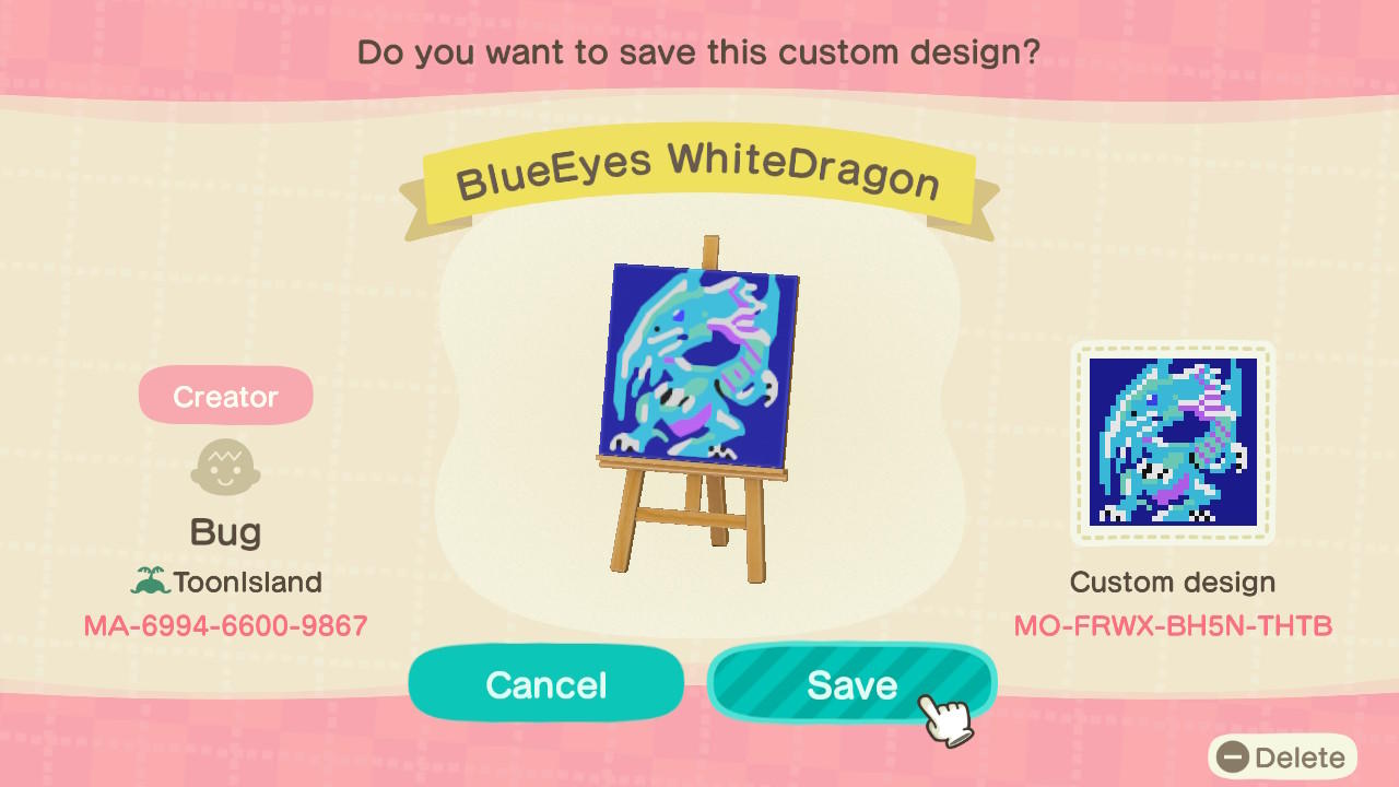 Animal Crossing Design Code: MO-FRWX-BH5N-THTB BlueEyes WhiteDragon