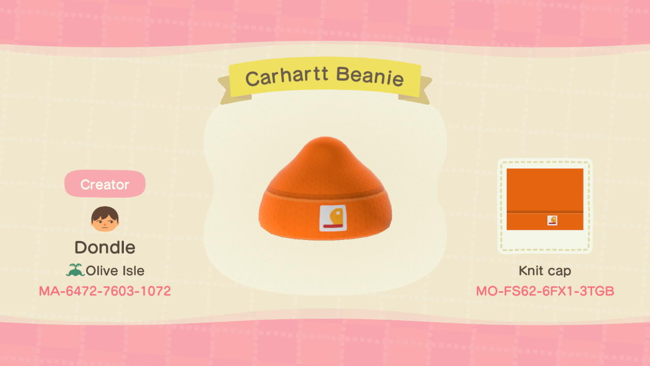 Animal Crossing Design Code: MO-FS62-6FX1-3TGB Carhartt Beanie