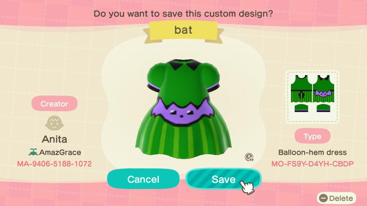 Animal Crossing Design Code: MO-FS9Y-D4YH-CBDP Bat dress