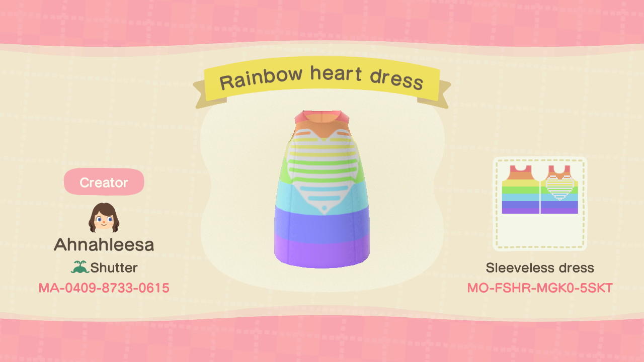 Animal Crossing Design Code: MO-FSHR-MGK0-5SKT Rainbow heart dress