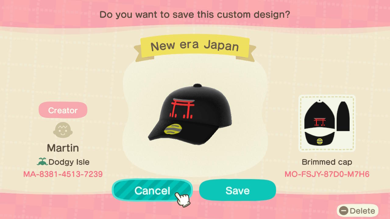 Animal Crossing Design Code: MO-FSJY-87D0-M7H6 New Era Japan