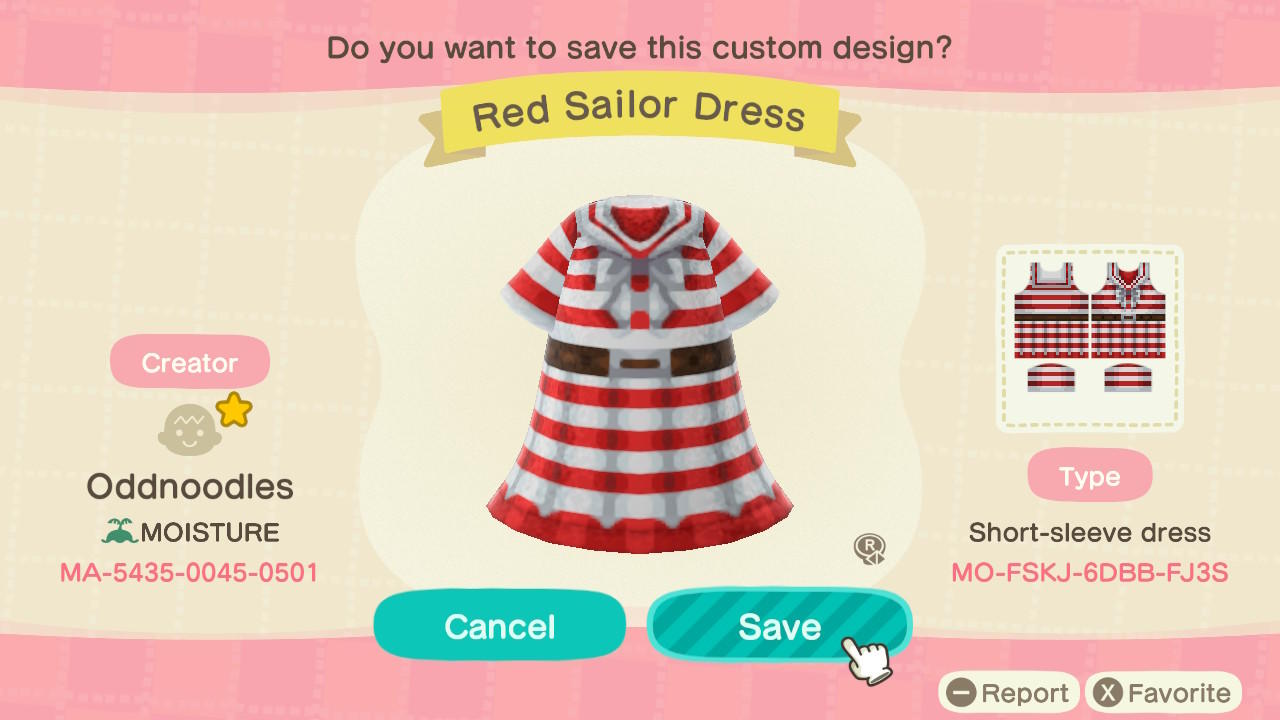 Animal Crossing Design Code: MO-FSKJ-6DBB-FJ3S Red Sailor Dress