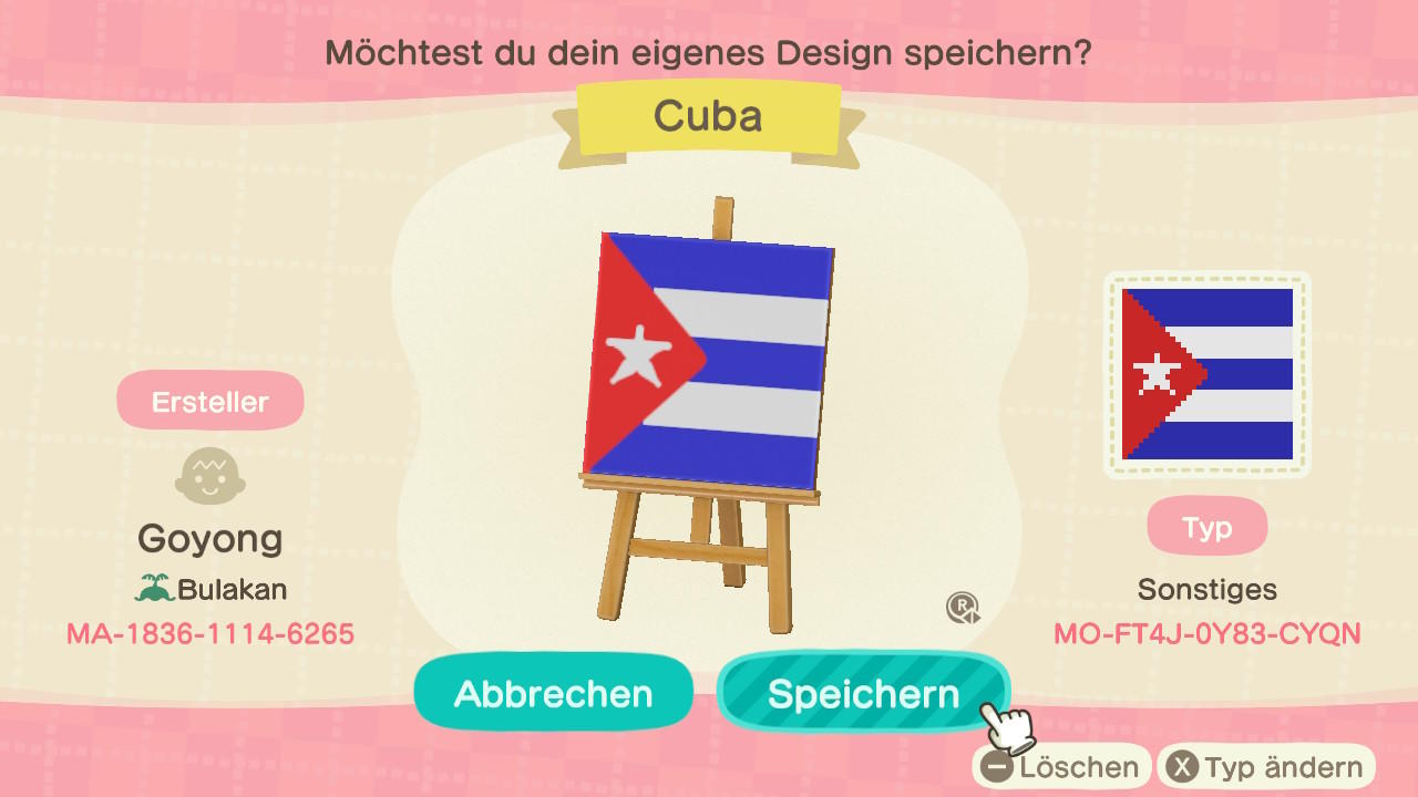 Animal Crossing Design Code: MO-FT4J-0Y83-CYQN Cuba