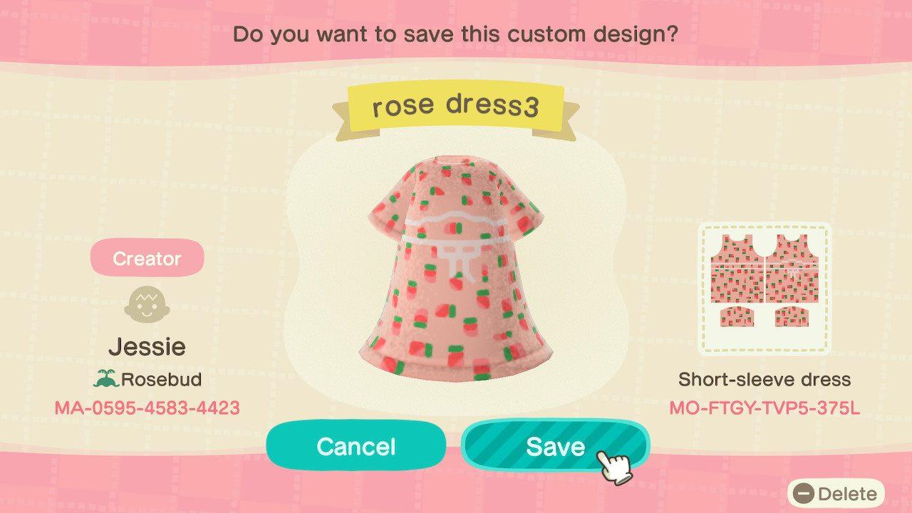 Animal Crossing Design Code: MO-FTGY-TVP5-375L rose dress3