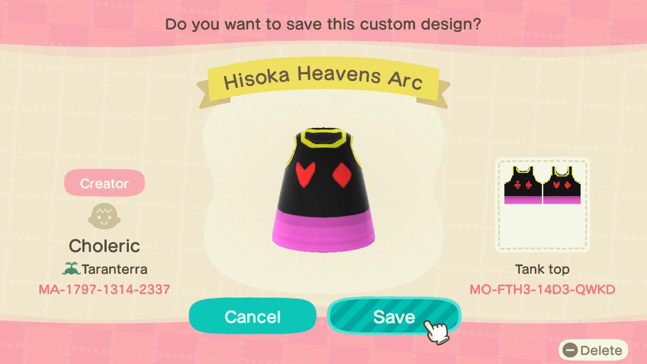 Animal Crossing Design Code: MO-FTH3-14D3-QWKD Hisoka Heavens Arc
