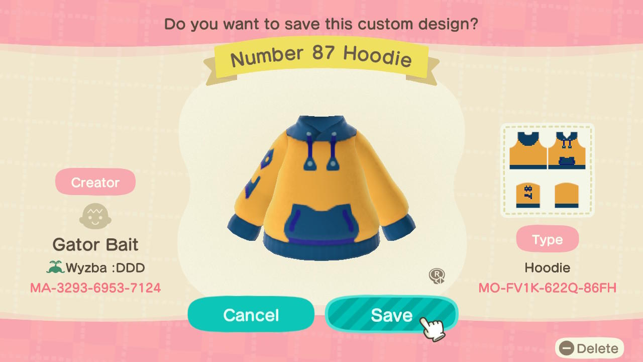 Animal Crossing Design Code: MO-FV1K-622Q-86FH Number 87 Hoodie