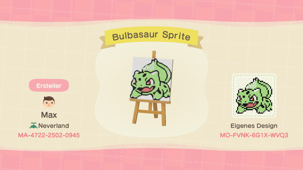 Animal Crossing Design Code: MO-FVNK-6G1X-WVQ3 Bulbasaur Sprite