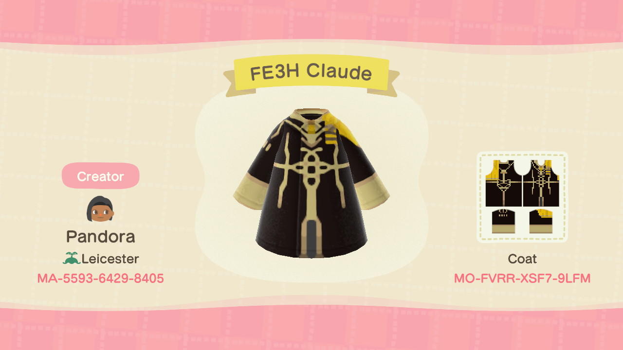 Animal Crossing Design Code: MO-FVRR-XSF7-9LFM FE3H Claude Coat