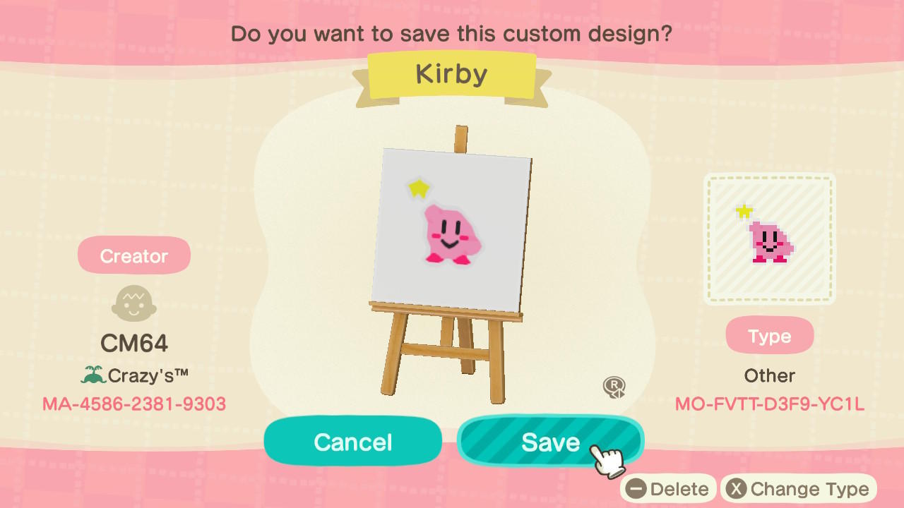 Animal Crossing Design Code: MO-FVTT-D3F9-YC1L Kirby