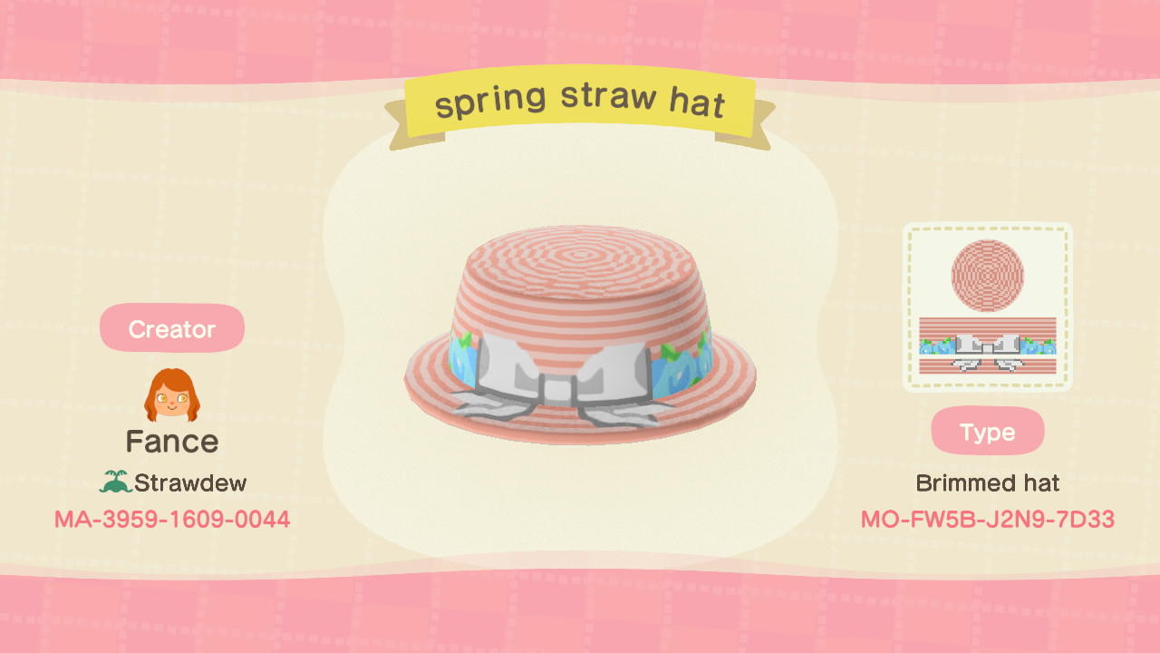 Animal Crossing Design Code: MO-FW5B-J2N9-7D33 Spring Straw Hat