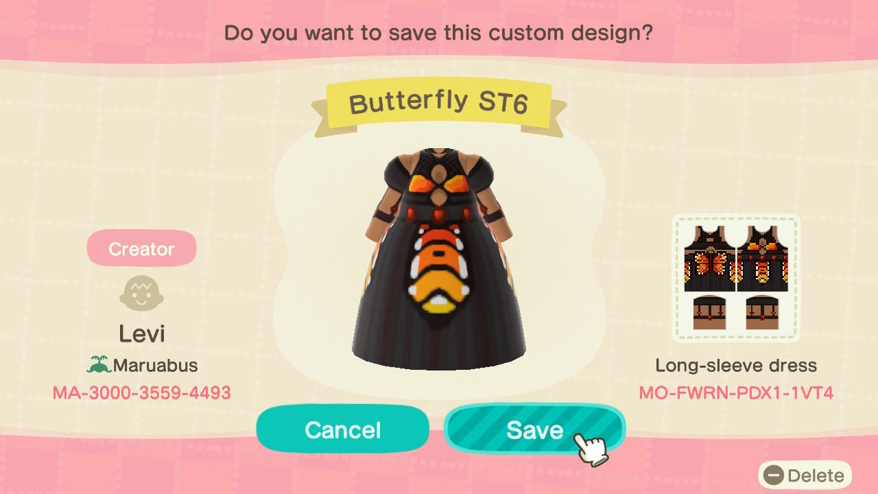 Animal Crossing Design Code: MO-FWRN-PDX1-1VT4 Butterfly SkinTone6