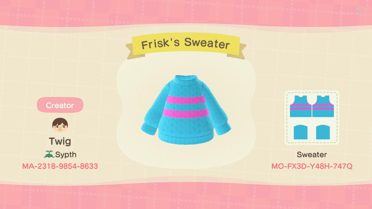 Animal Crossing Design Code: MO-FX3D-Y48H-747Q Frisk&#39;s Sweater
