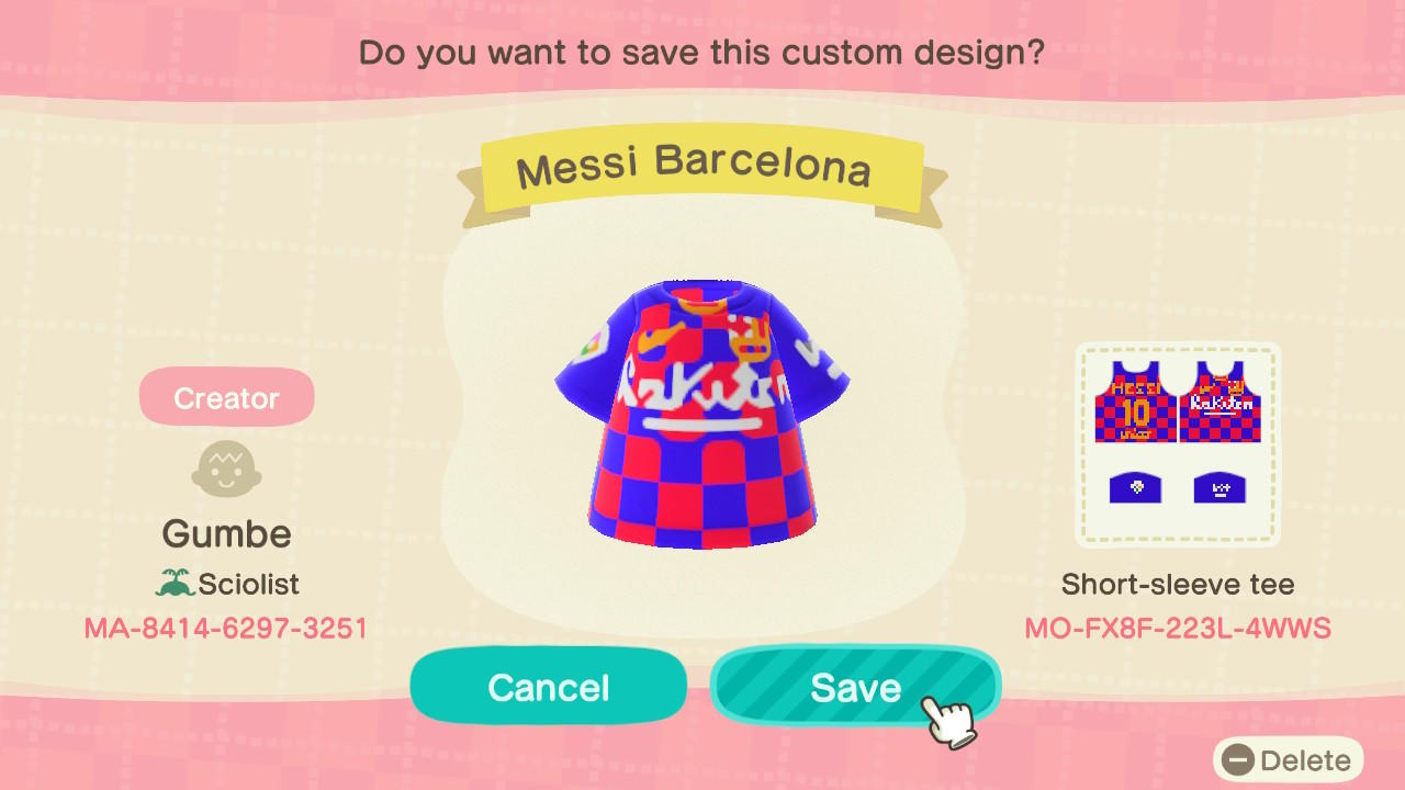 Animal Crossing Design Code: MO-FX8F-223L-4WWS Messi Barcelona