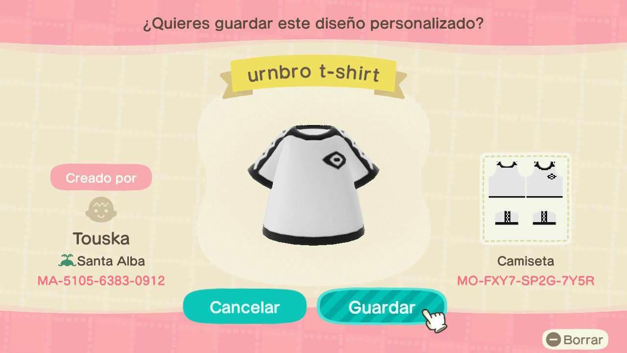 Animal Crossing Design Code: MO-FXY7-SP2G-7Y5R urnbro t-shirt